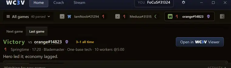 The WC3V desktop app showing a finished game, its verdict and a link into the simulator