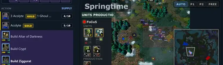 A replay playing in the simulator, build order rows beside the 3D map
